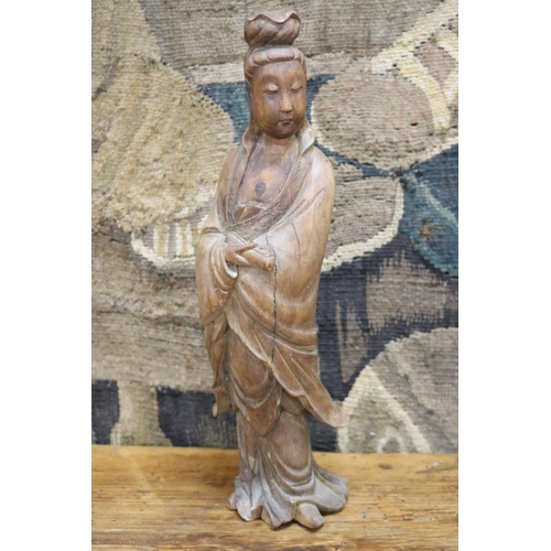 8 - Antique Chinese carved solid wood figure of Guan Yin, holding a scroll, approx 34cm H