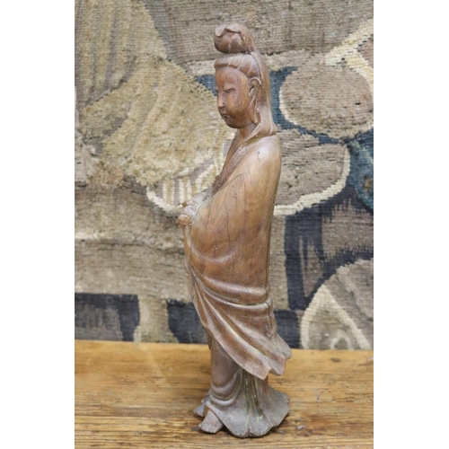 8 - Antique Chinese carved solid wood figure of Guan Yin, holding a scroll, approx 34cm H