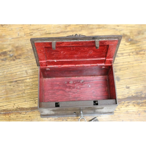 9 - Antique steel cash box, with double key lock and bail carry handle, has two sets of keys, approx 7cm... 