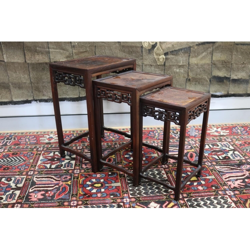 38 - Antique Chinese nest of three tables, with inset burr wood tops, pierced carved aprons, approx 60cm ... 