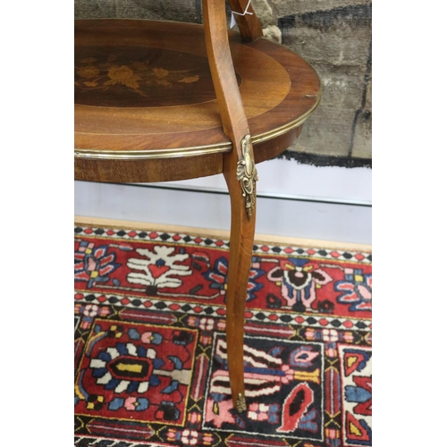 78 - Vintage French Louis XV style marquetry two tier tea table, approx 83cm H x 66cm W x 46cm D