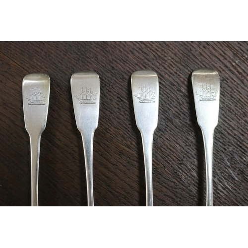 15 - Rare set of four antique Irish sterling silver spoons, dated 1788, by John Power. each of fiddle pat... 