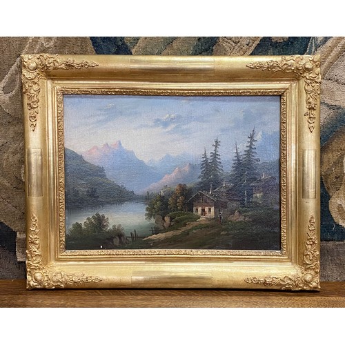 165 - Antique 19th century European, most likely French, mountainous scene with house, oil on canvas with ... 