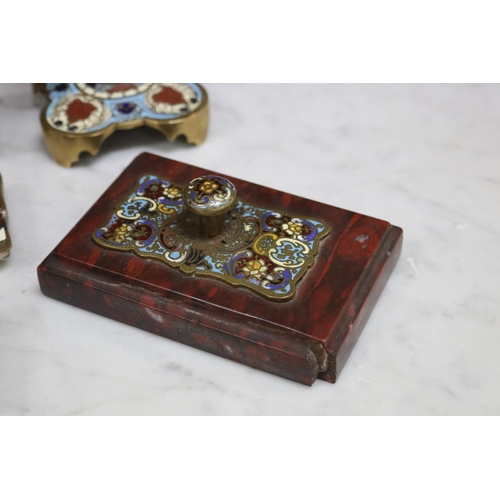 71 - Antique French champleve enamel desk set to include candlesticks, etc, approx 15cm H and shorter (6)
