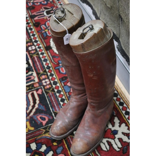 82 - Pair of antique French leather riding boots with wooden stretchers (2)