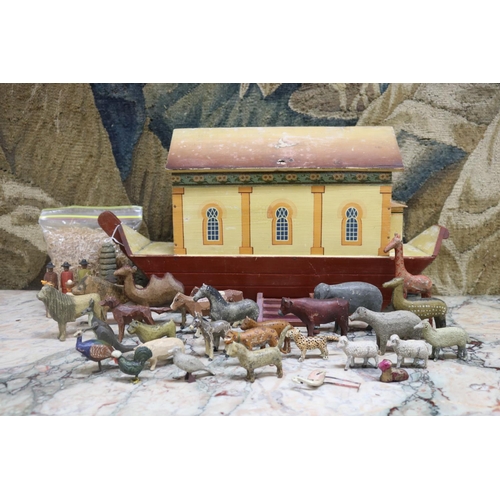 51 - Antique 19th century folk art miniature wooden Noah's Ark with animals, approx 29cm H x 54cm L x 13c... 