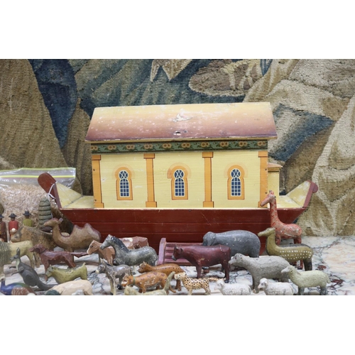 51 - Antique 19th century folk art miniature wooden Noah's Ark with animals, approx 29cm H x 54cm L x 13c... 