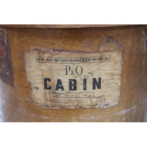 6 - Antique bentwood circular lidded hat box, with old P & O shipping lines labels affixed, STRATHAIRD, ... 