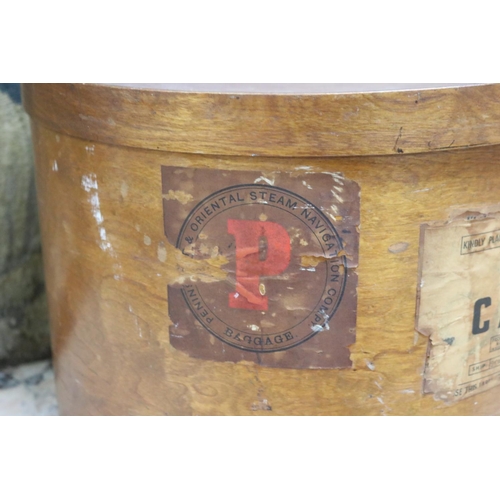 6 - Antique bentwood circular lidded hat box, with old P & O shipping lines labels affixed, STRATHAIRD, ... 