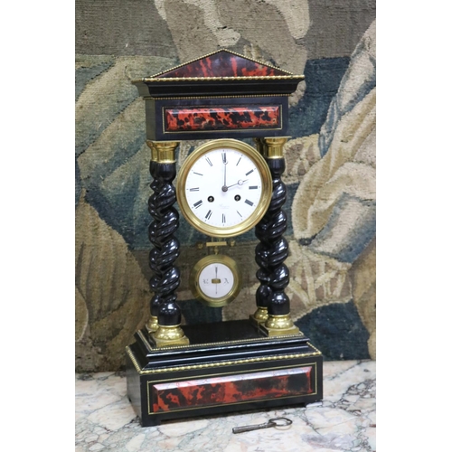 60 - Antique French Napoleon III portico mantle clock, simulated boulle panels, has key (in office C141.4... 