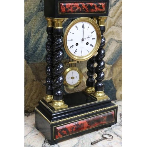 60 - Antique French Napoleon III portico mantle clock, simulated boulle panels, has key (in office C141.4... 