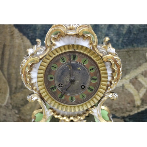 63 - Antique French 19th century porcelain mantle clock, with silvered face, has key & pendulum, unknown ... 