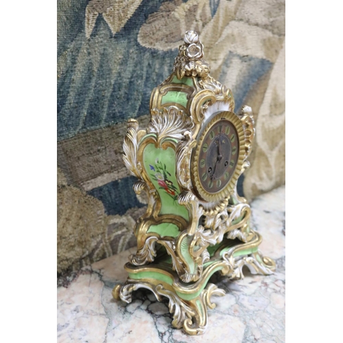 63 - Antique French 19th century porcelain mantle clock, with silvered face, has key & pendulum, unknown ... 