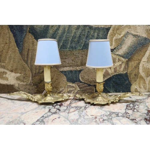 193 - Pair of French gilt brass chamber stick form table lamps with shades, converted with Australian plug... 