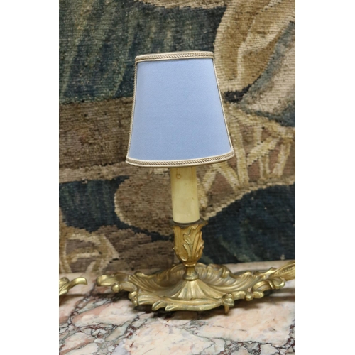 193 - Pair of French gilt brass chamber stick form table lamps with shades, converted with Australian plug... 