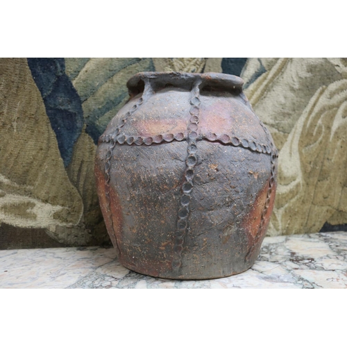 195 - Antique French earthenware pot with a chain link design, approx 37cm H