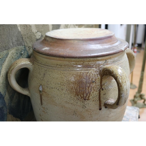 175 - Large antique French earthenware lidded confit pot, approx 55cm H