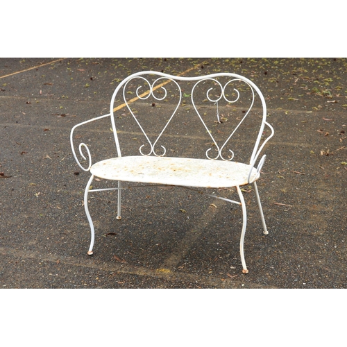 158 - Vintage French white painted garden bench, with heart shaped design back supports, approx 103cm W
