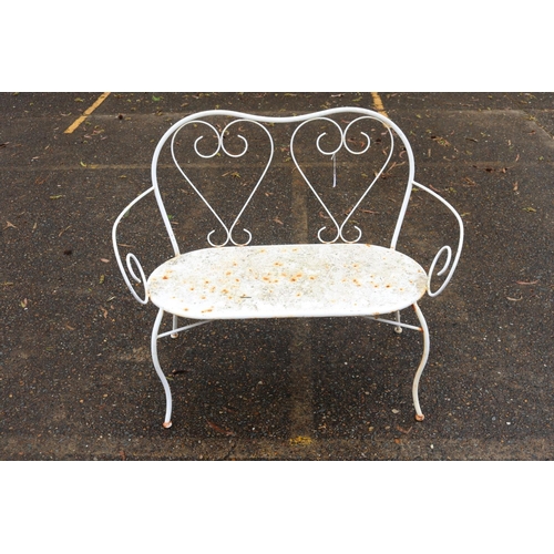 158 - Vintage French white painted garden bench, with heart shaped design back supports, approx 103cm W