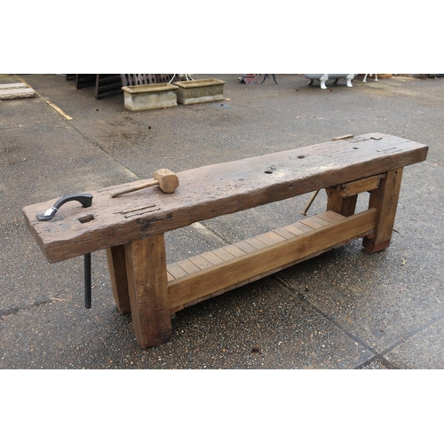 84 - Antique French long low work bench, with bulldog clip & mallet, approx 68cm H x 235cm W x 42cm D