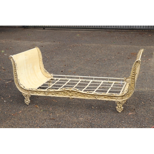 87 - Antique French cream painted iron bed, approx 83cm H x 201cm L x 97cm W