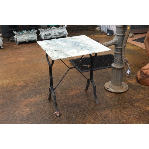 159 - Antique French marble topped bistro table of square form with black painted iron base, approx 71cm H... 