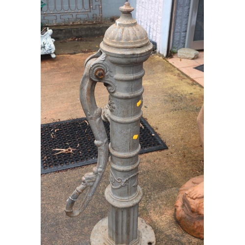 169 - Antique French cast iron monkey tail pump with dolphin head spout, approx 114cm H