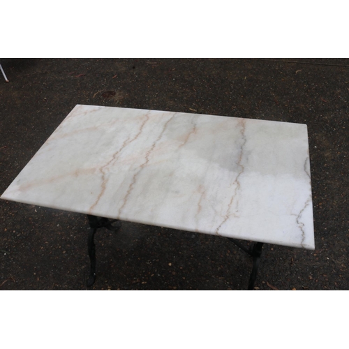 186 - Antique French marble topped bistro table with black painted iron base, approx 71cm H x 90cm W x 60c... 