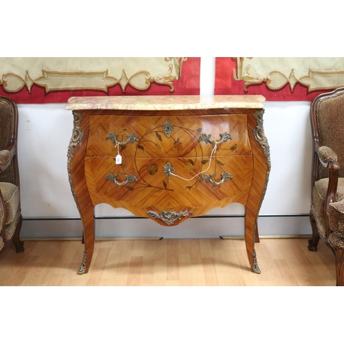 152 - Vintage French Louis XV style marble topped marquetry commode, approx 85cm H x 105cm W x 46cm D