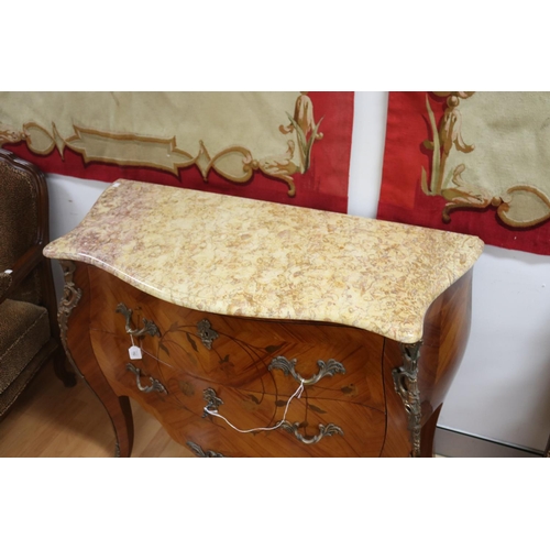 152 - Vintage French Louis XV style marble topped marquetry commode, approx 85cm H x 105cm W x 46cm D