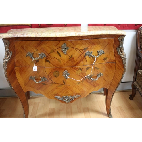 152 - Vintage French Louis XV style marble topped marquetry commode, approx 85cm H x 105cm W x 46cm D