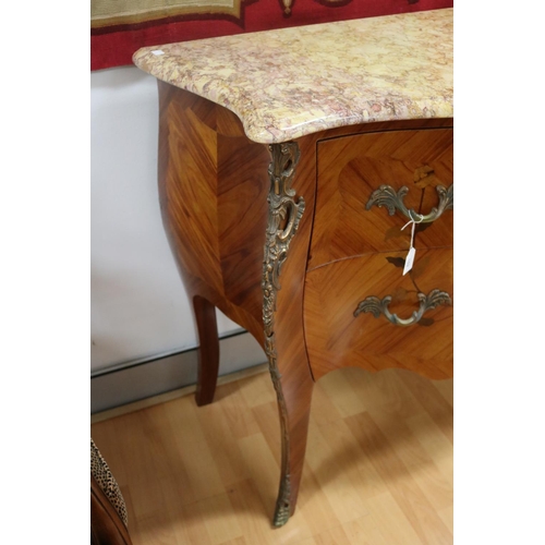152 - Vintage French Louis XV style marble topped marquetry commode, approx 85cm H x 105cm W x 46cm D