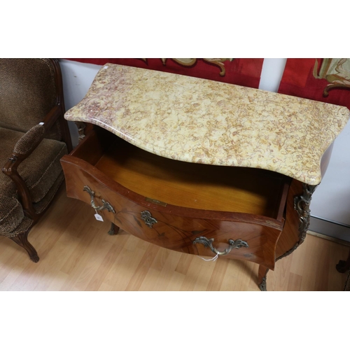 152 - Vintage French Louis XV style marble topped marquetry commode, approx 85cm H x 105cm W x 46cm D