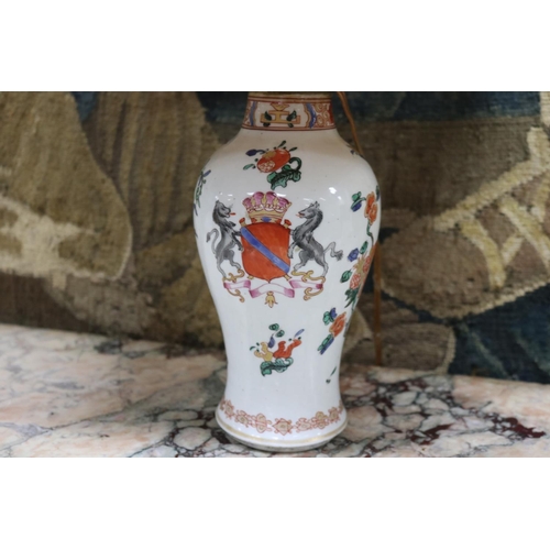 163 - 17th century Chinese export famille rose vase converted into lamp, of baluster shape with amorial cr... 
