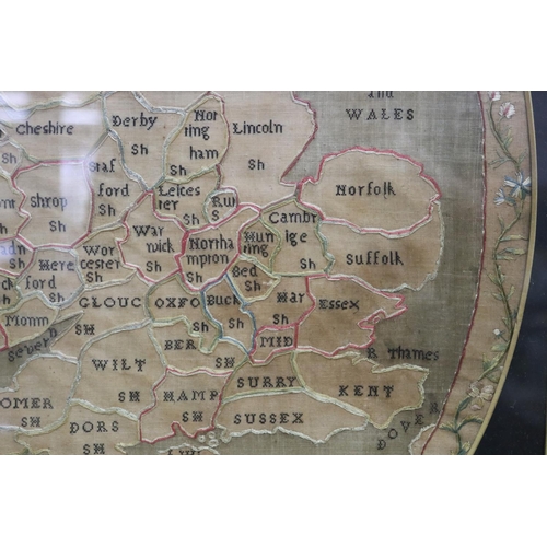 36 - Antique 19th century English framed oval silk map sampler of a map of England and Wales, Ex Bonhams ... 