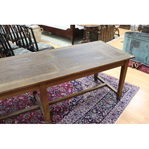 28 - Antique French long dining table with stretcher base, approx 75cm H x 249cm W x 79cm D