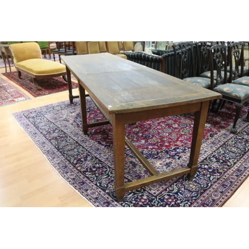 28 - Antique French long dining table with stretcher base, approx 75cm H x 249cm W x 79cm D