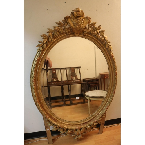 57 - Most impressive & large antique French oval gilt frame mirror, approx 171cm H x 113cm W