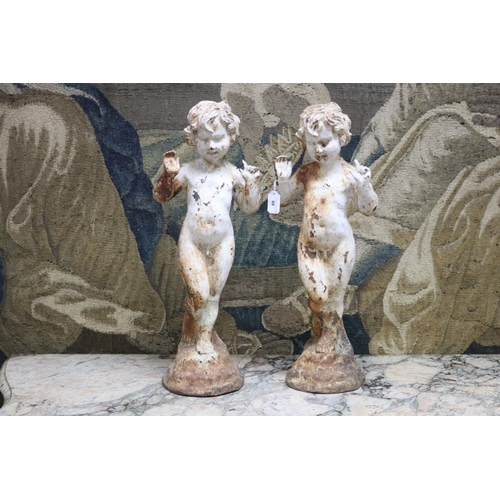 88 - Pair of French painted cast iron garden figures of putti, each approx 57cm H (2)