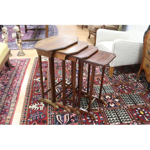 200 - Set of French shaped top nest of four tables with inlaid banding, approx 70cm H x 56cm W x 35cm D an... 