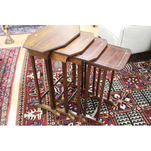 200 - Set of French shaped top nest of four tables with inlaid banding, approx 70cm H x 56cm W x 35cm D an... 