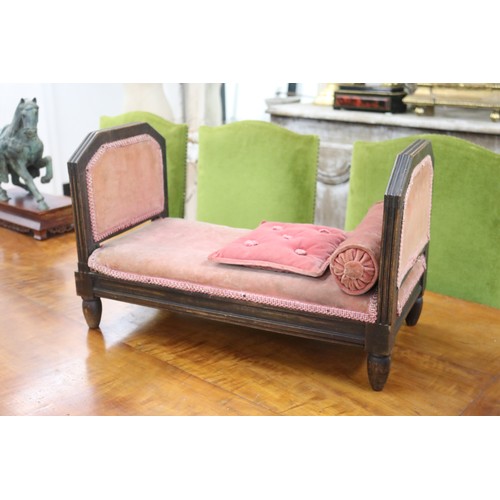 197 - Antique French miniature day bed, with folding end, cushion and bolster pillow, approx 38cm H x 60cm... 