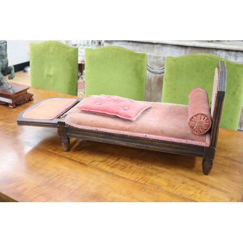 197 - Antique French miniature day bed, with folding end, cushion and bolster pillow, approx 38cm H x 60cm... 