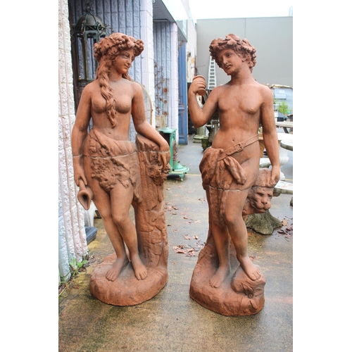 204 - Large antique French terracotta garden statues, male and female figures representing Harvest Wine, e... 