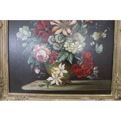 202 - Dutch school, 20th century still life with flowers in vase, oil on board, within a swept gilt compos... 