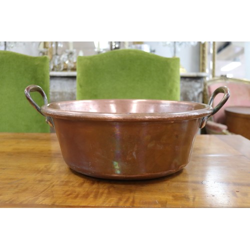 201 - Antique French copper twin handled pan, well made, approx 14.5cm H x 38.5cm dia (excluding handles)