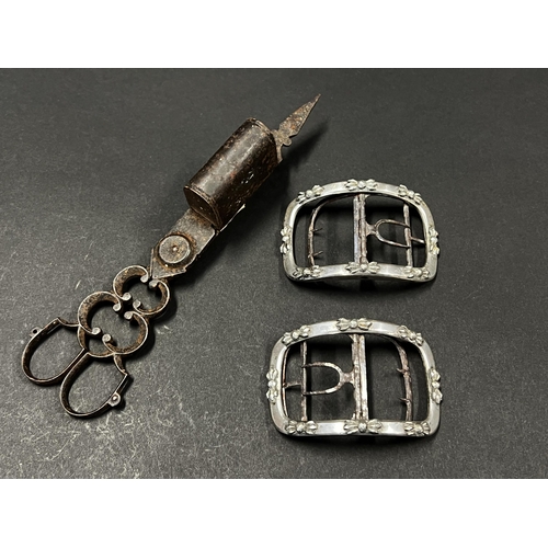 1058 - Pair of antique French 18th Century shoe buckles. Silver mounted on steel with applied faceted steel... 