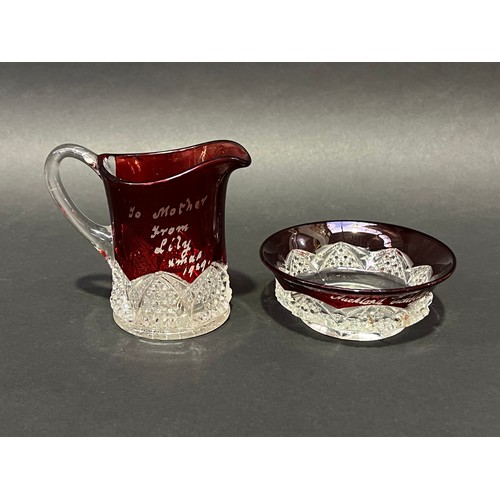 23 - Edwardian fairground ruby glass jug and bowl, approx 10cm H and shorter (2)