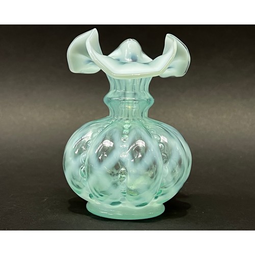 29 - Fenton ware small bulbous ribbed aqua coloured vase, approx 11cm H