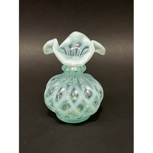 29 - Fenton ware small bulbous ribbed aqua coloured vase, approx 11cm H
